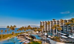 View of oceanfront Andaz Maui Resort with private pools in Wailea.