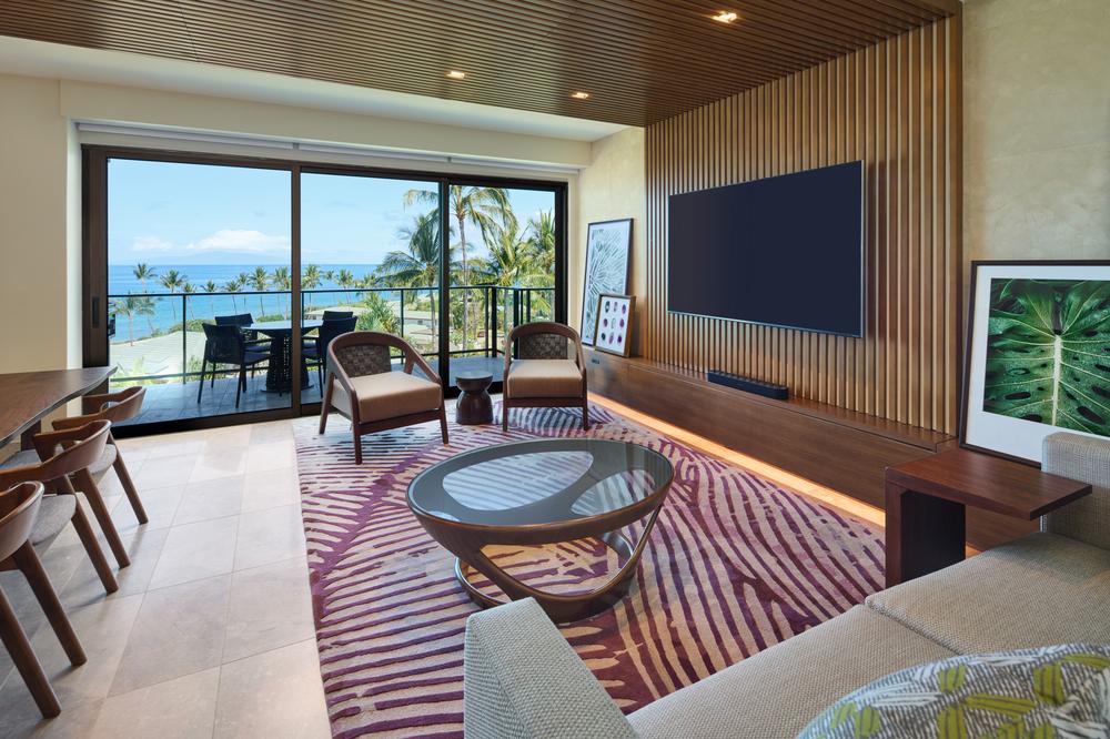 Contemporary living room at Honu, a connected Inspirato Andaz Maui villa at Andaz Maui at Wailea Resort.