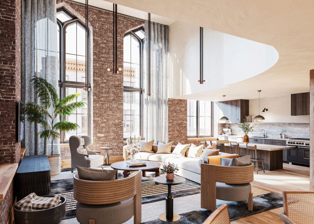 Open contemporary, chic living room and kitchen at Inspirato home Archibald in Charleston historic district with neutral furnishings and tall windows.