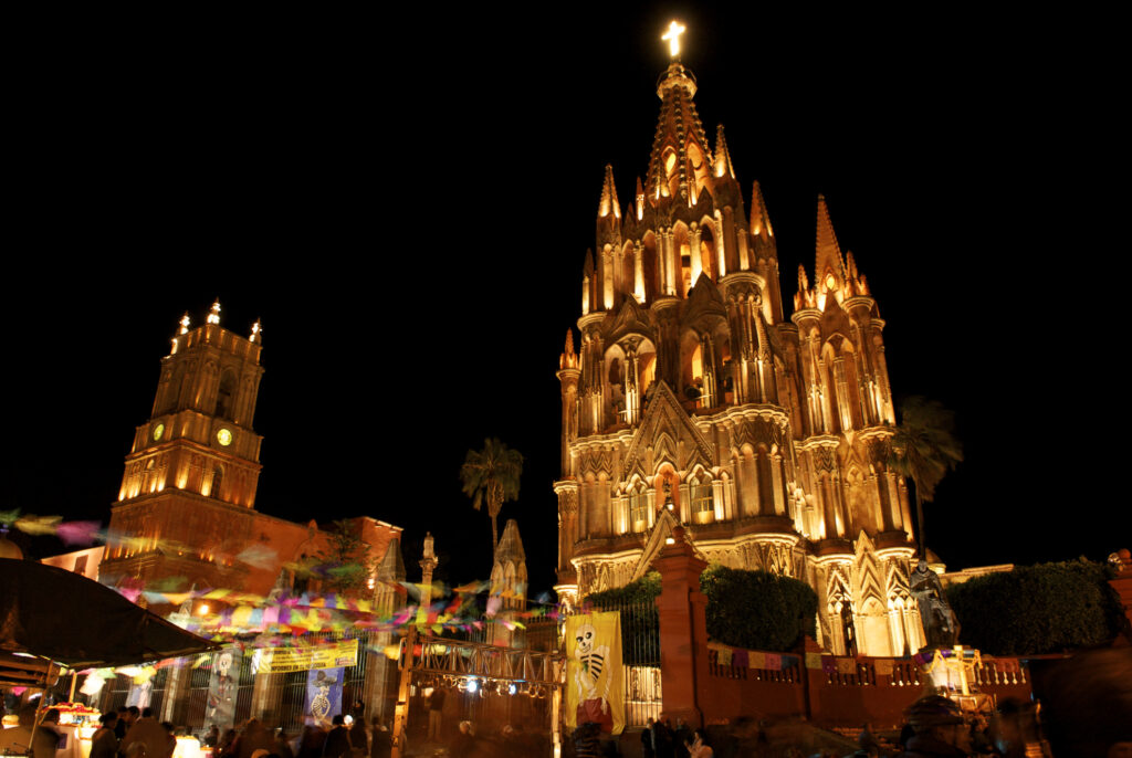 A Día de los Muertos celebration in front of Parroquia de San Miguel Arcángel in San Miguel de Allende.