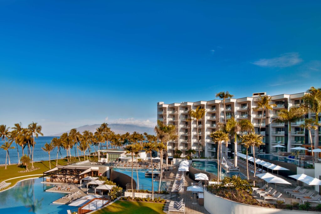 View of oceanfront Andaz Maui Resort with private pools in Wailea.