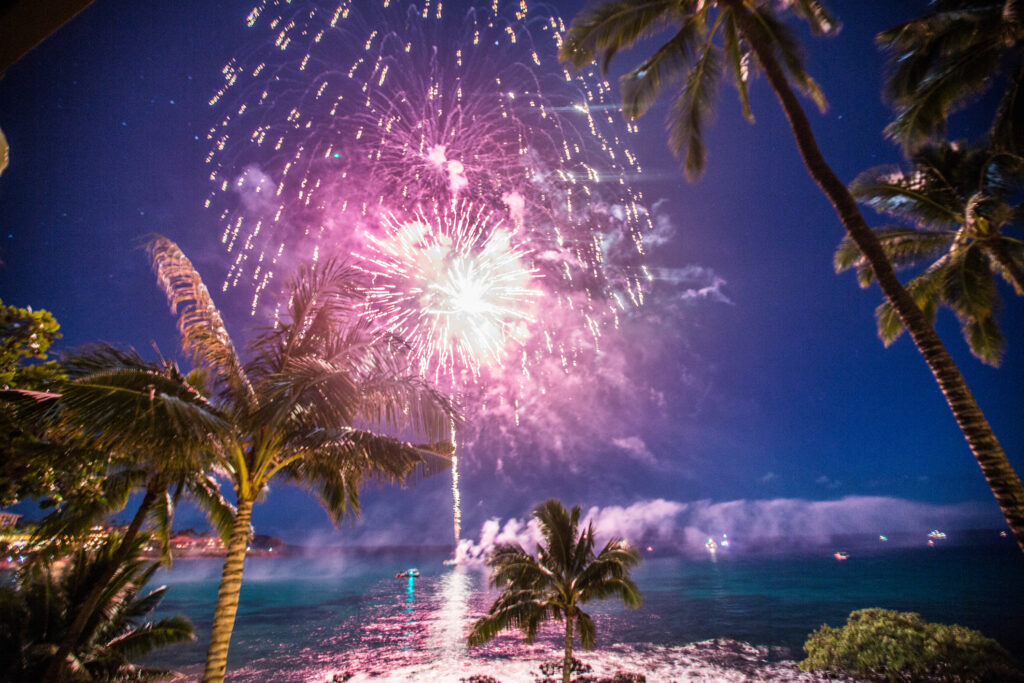 Fireworks over the ocean as seen from the beach with palm trees.