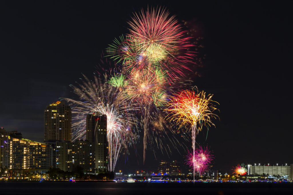 Fireworks illuminated over South Beach Miami.
