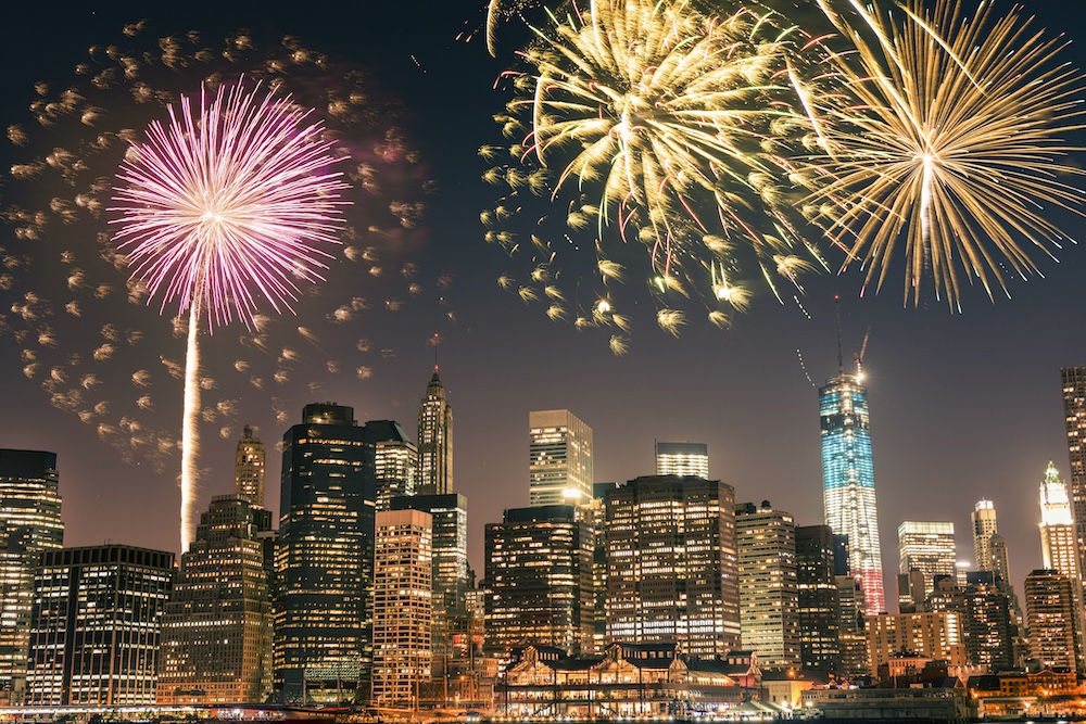 Fireworks over the New York City skyline. 