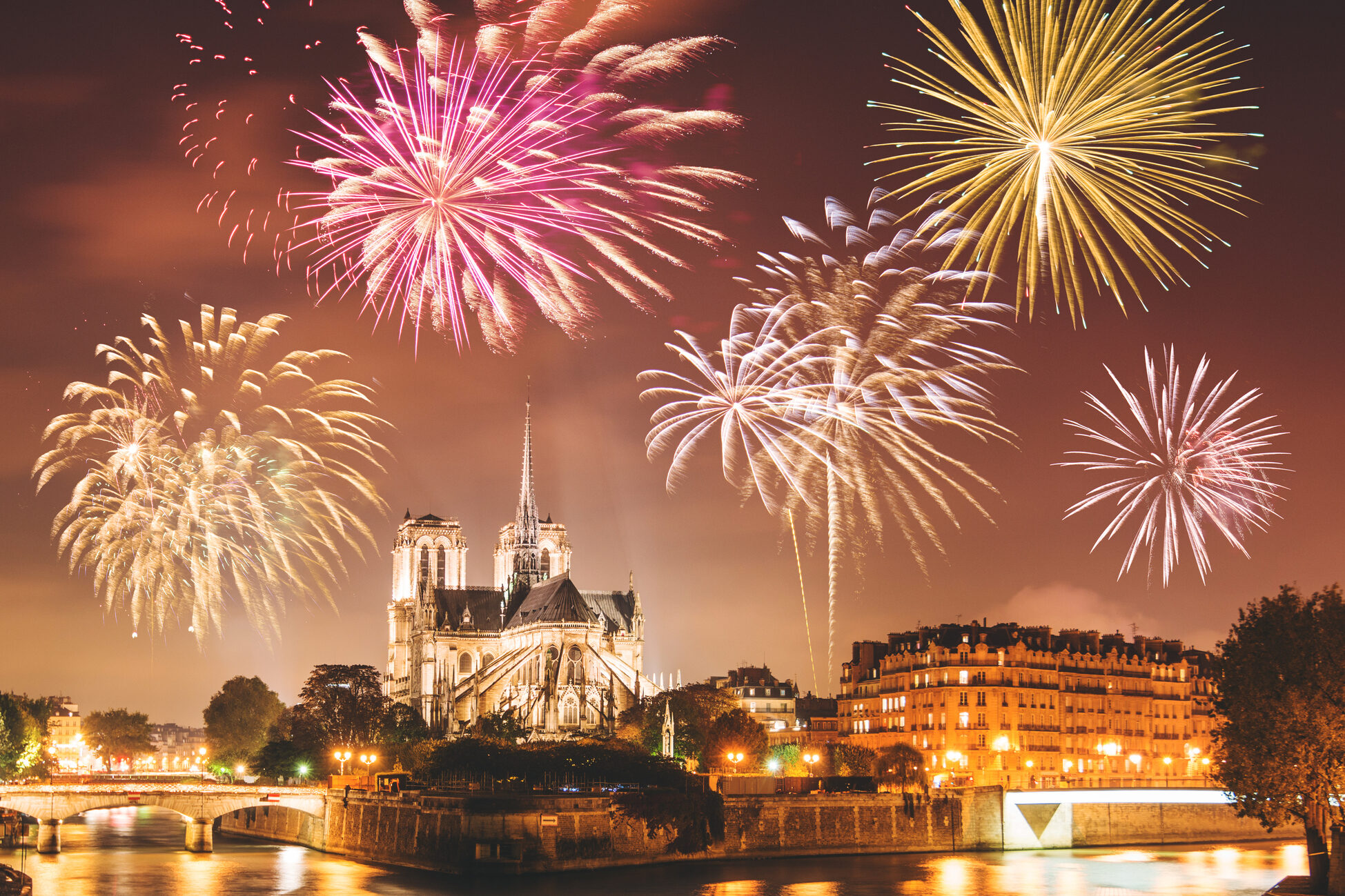 Fireworks over Notre Dame in Paris.