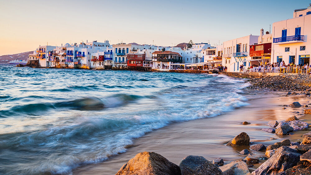 Sunset at Little Venice, Mykonos, Cyclades, Greece