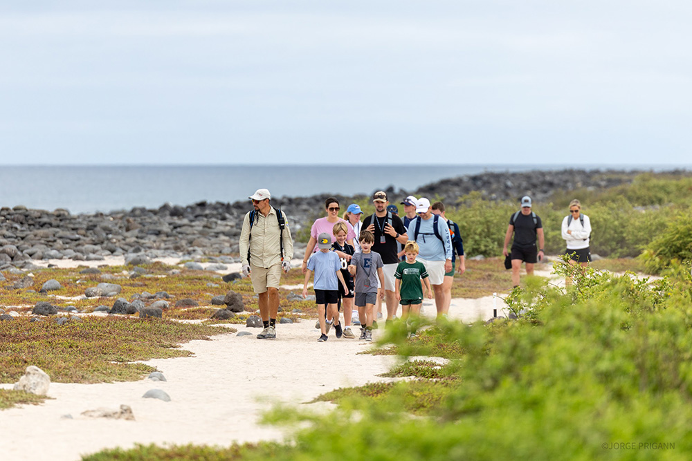 A family-friendly group of Inspirato members hiking along a coastal trail in the Galápagos Islands, Ecuador. Part of a guided excursion during a Silver Origin luxury cruise, ideal for family travel, eco-luxury exploration, and nature travel in South America.