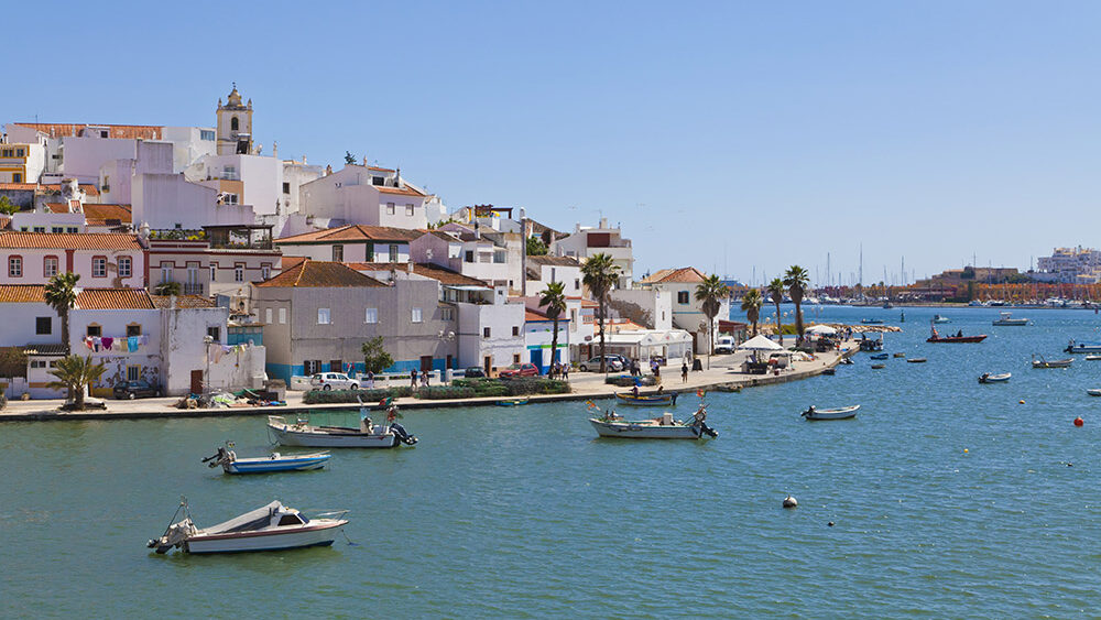 Colorful waterfront homes and fishing boats along the harbor in Portimão, Portugal, with palm trees and a clear blue sky.