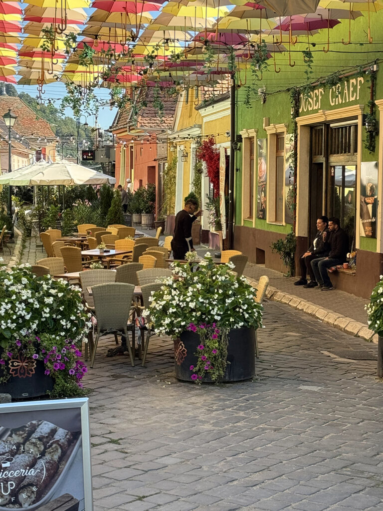 A charming cobblestone street lined with colorful buildings and outdoor café seating is shaded by a canopy of vibrant hanging umbrellas, with flower-filled planters and guests relaxing along the lively walkway.