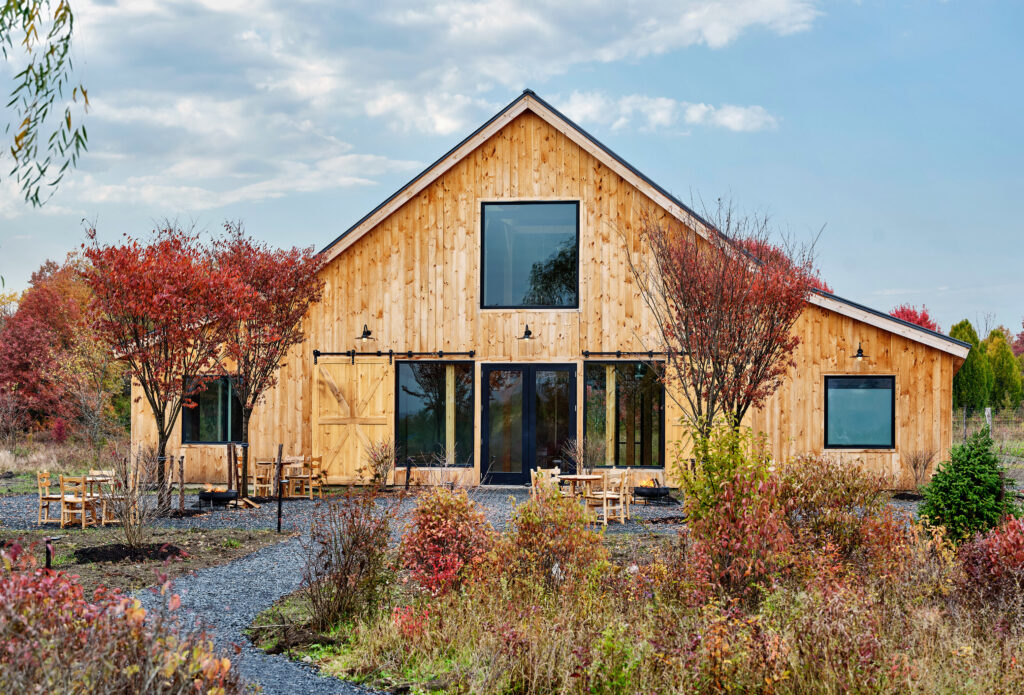 the exterior of the maplehouse events space at wildflower farms, Hudson Valley 