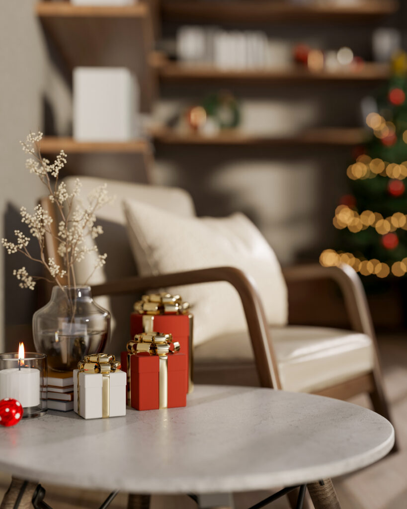 Detail shot of holiday decor on an end table in an elegant living room