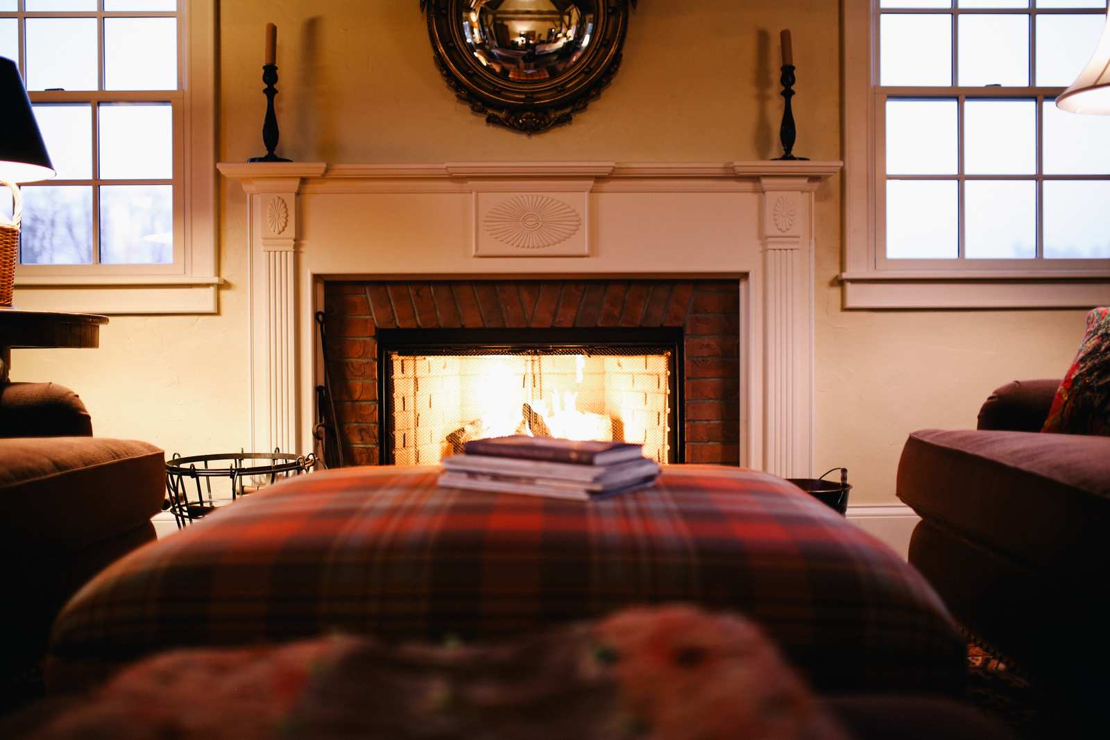 A cozy fireplace in an alpine escape for the holidays
