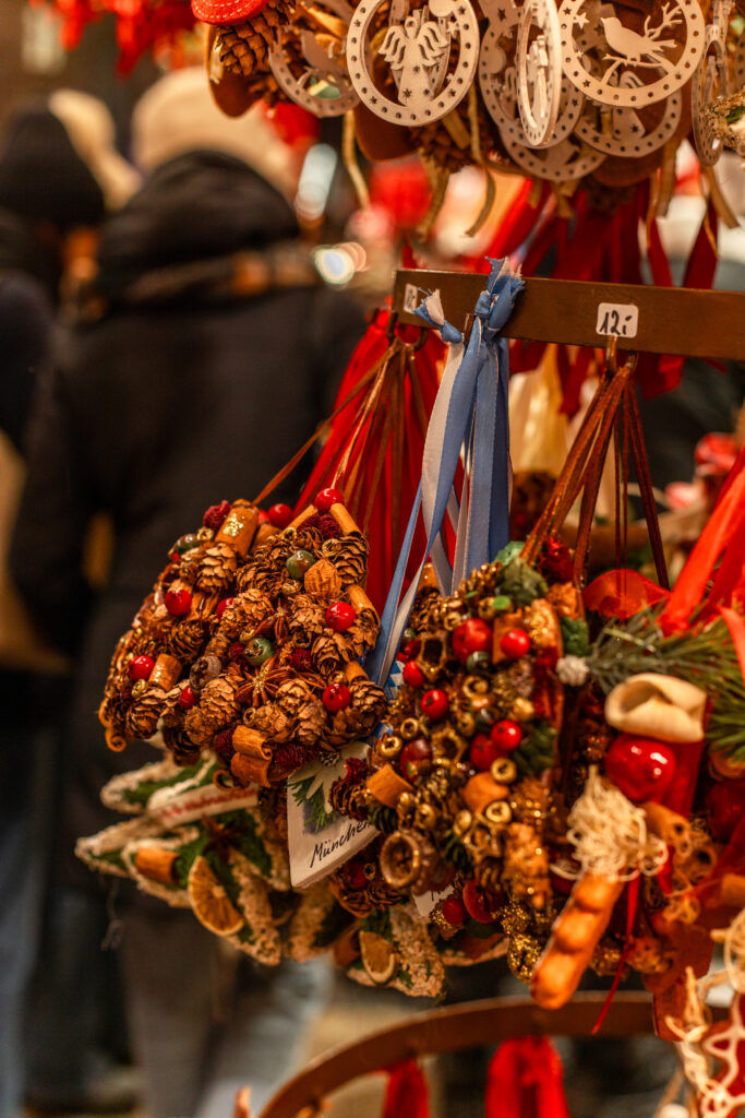 A detail shot of ornaments for sale at a German Christmas market
