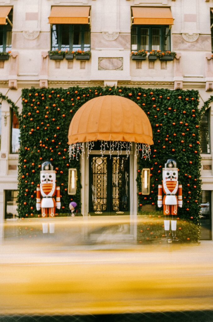 A hotel dressed up for the holidays