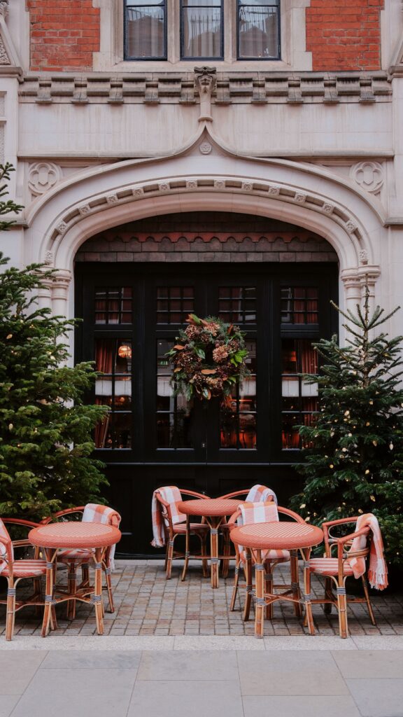 A city cafe decorated for the holidays